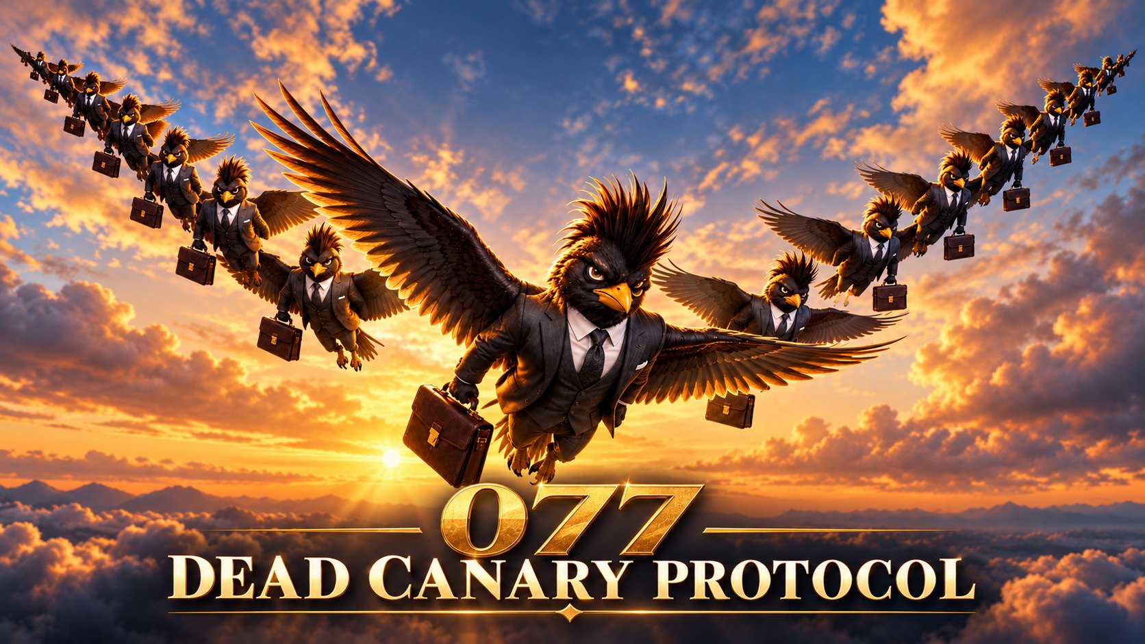 077 Dead Canary Protocol: a swarm of canaries in suits carrying briefcases, flying in formation at sunrise