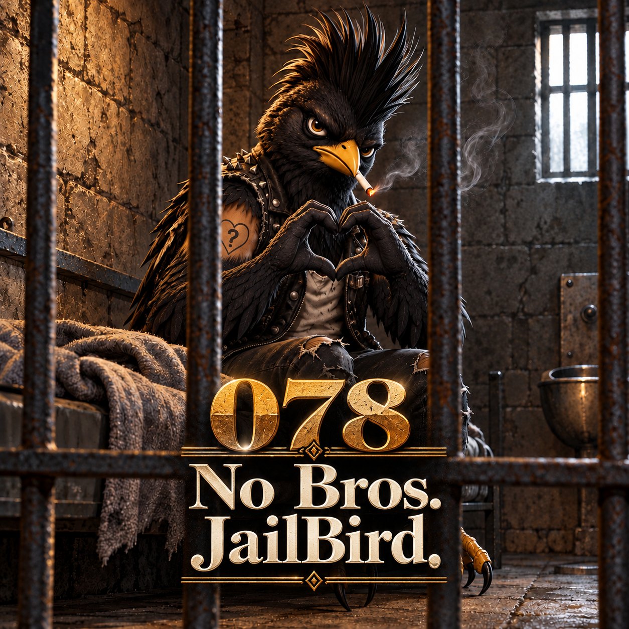 078 No Bros. JailBird.: a punk canary behind the bars of a jail cell
